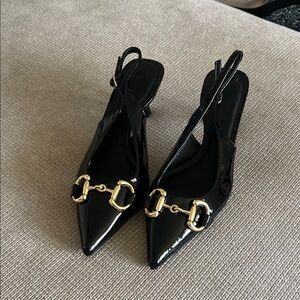 NWT Billini Black Patent Slingback Pointed-Toe Flats with Gold Horsebit